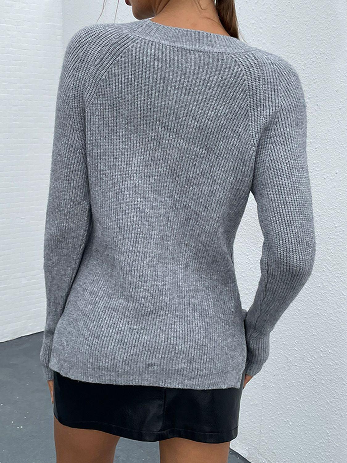 Bead Trim Ribbed Long Sleeve Knit Pullover Sweater - Sweater