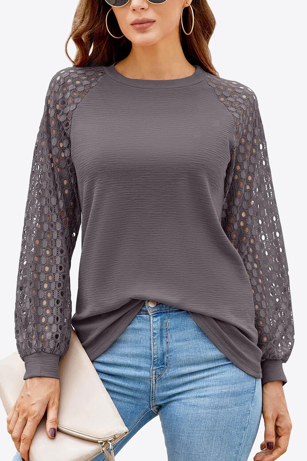 Eyelet Long Raglan Sleeve Round Neck Tee - Top