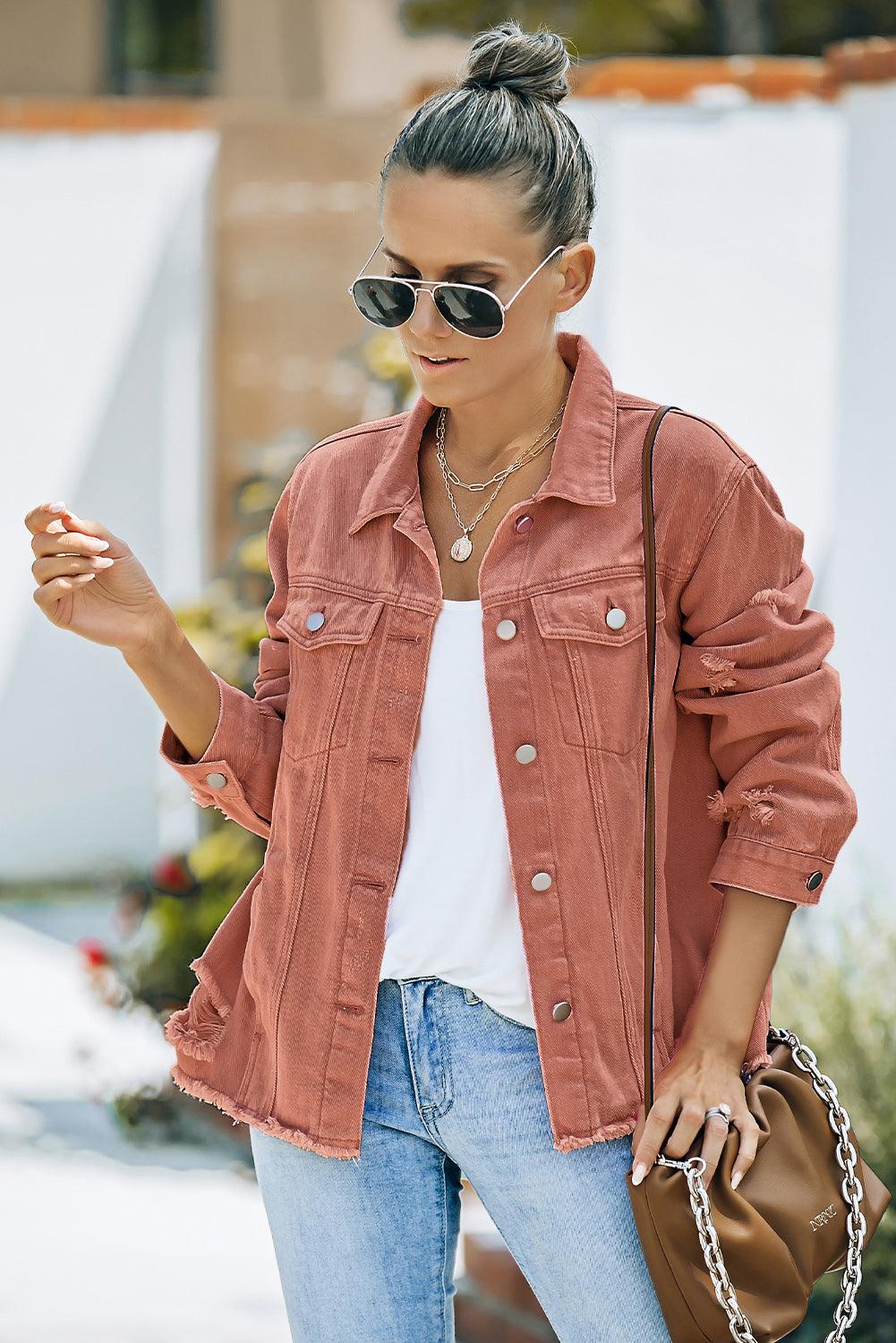 Distressed Raw Hem Denim Jacket - Jacket