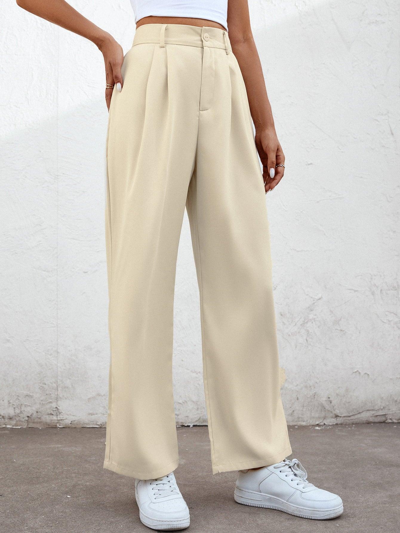 Cropped High Waist Straight Leg Pleated Pants - Pant