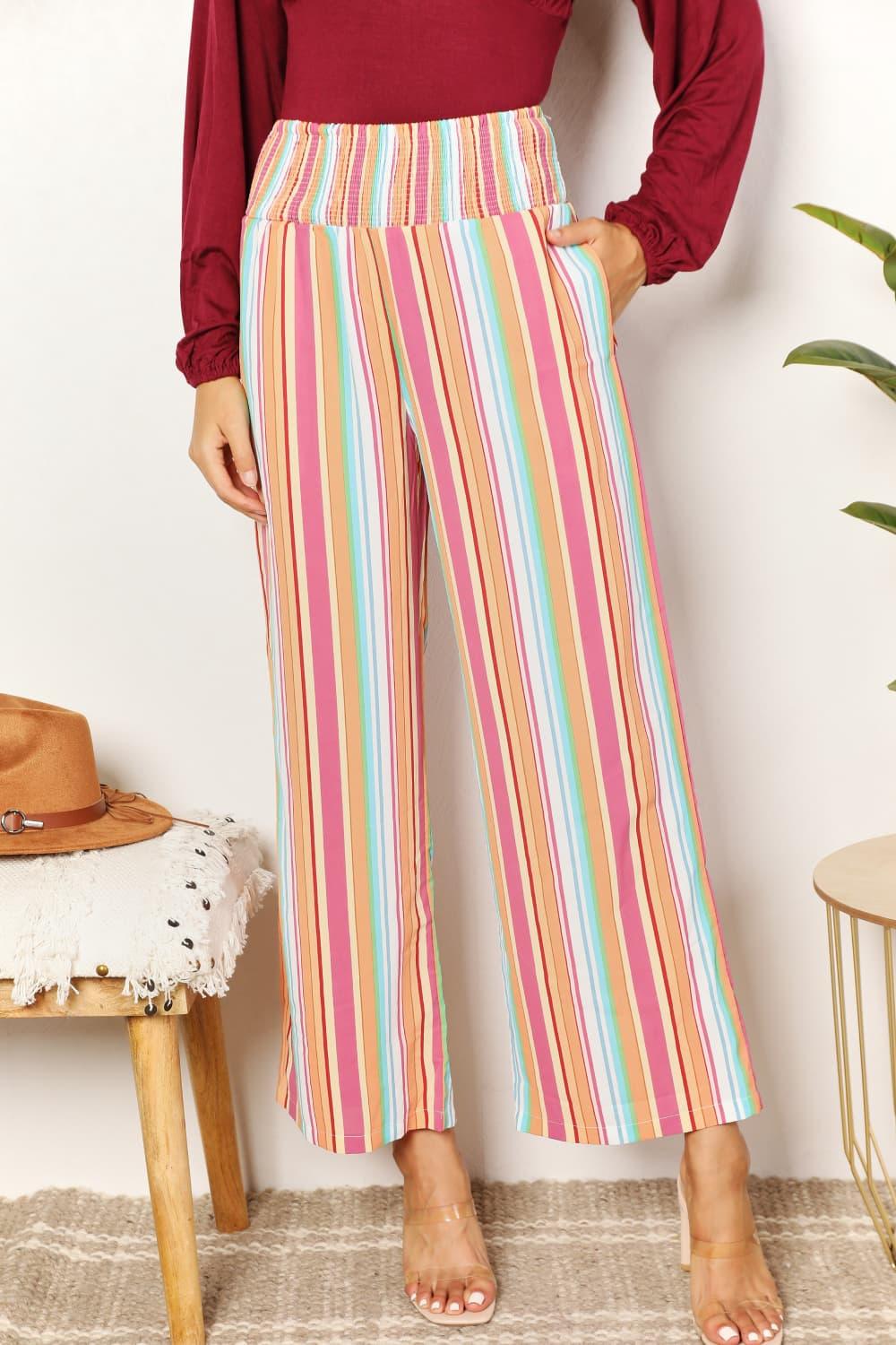 Cropped Striped Smocked High Waist Pants - Pant