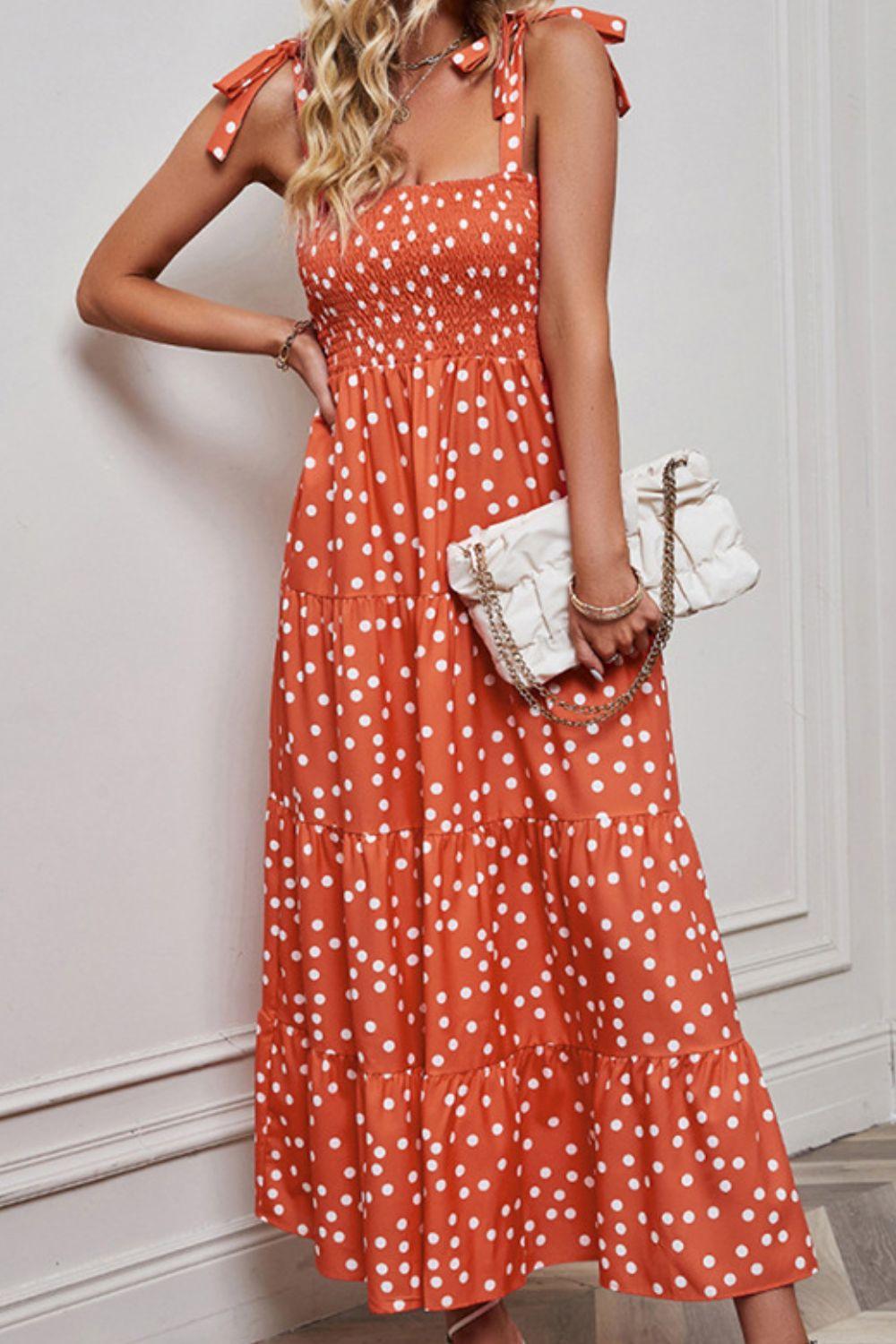 Polka Dot Smocked Tiered Sleeveless Maxi Dress - Dresses