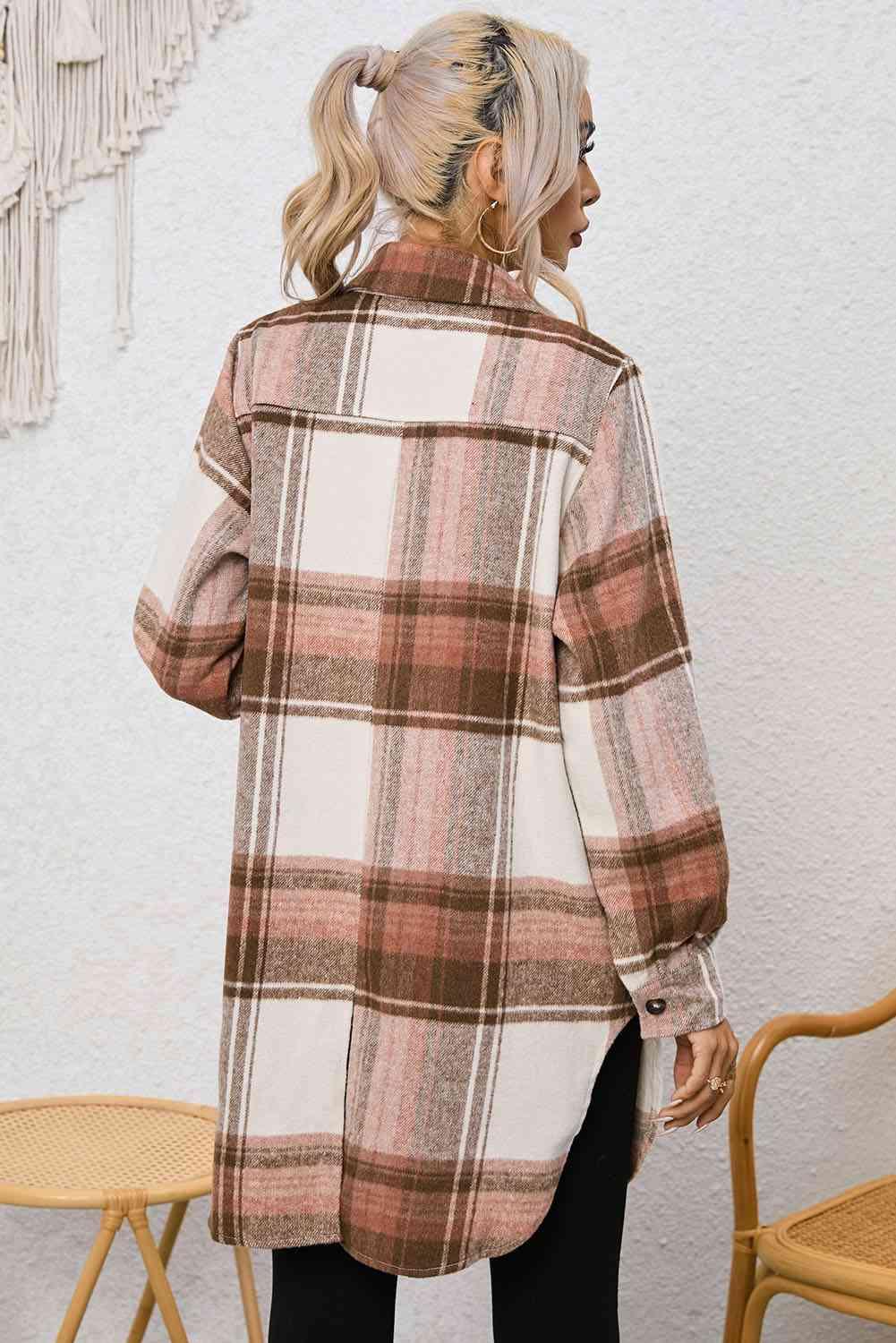 Plaid Collared Neck Longline Jacket - Jacket