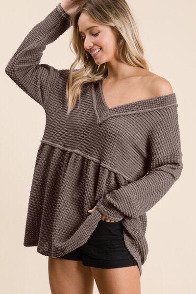 BiBi Waffle Knit V-Neck Babydoll Top - Top