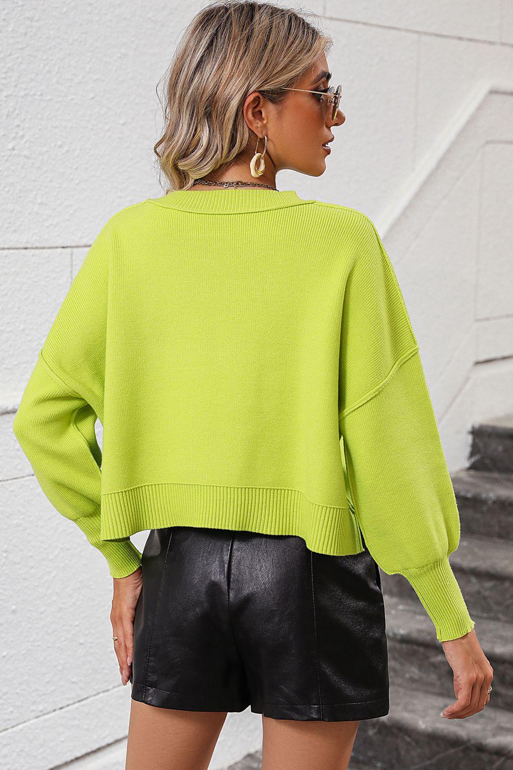 Round Neck Dropped Shoulder Pullover Cropped Sweater - Sweater