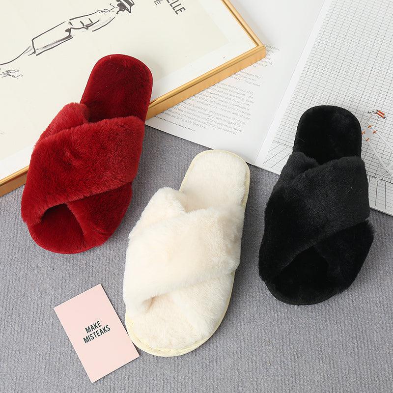 Faux Fur Crisscross Strap Slippers - Slippers