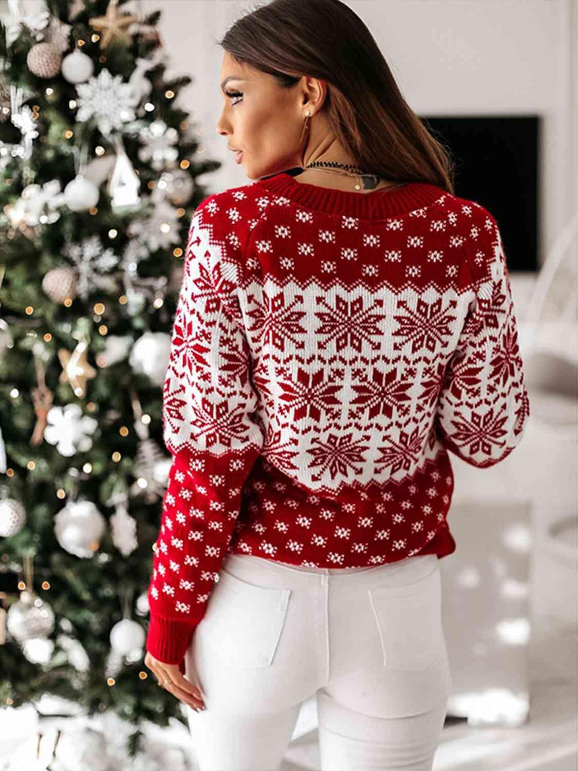 Christmas Snowflake Round Neck Sweater - Sweater