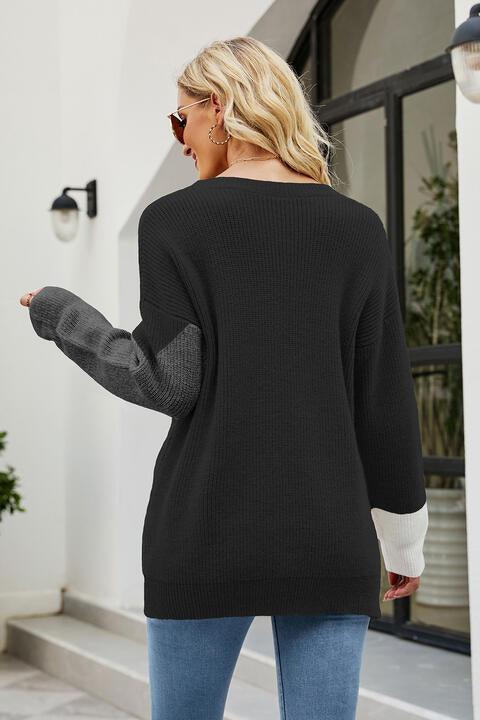 Color Block Round Neck Sweater - Sweater