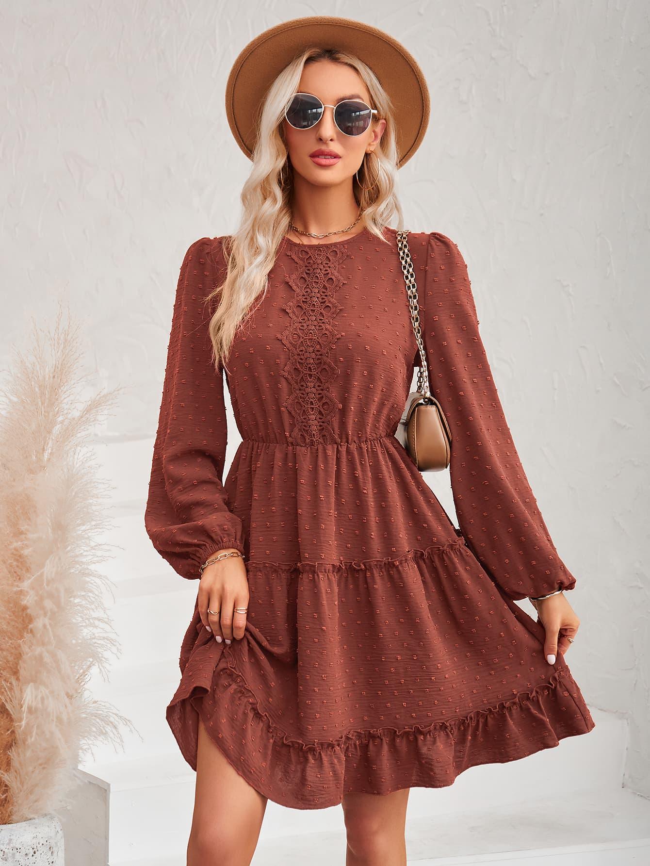 Swiss Dot Lace Trim Long Balloon Sleeve Dress - 