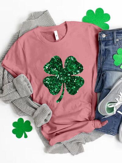 Lucky Clover Sequin Round Neck T-Shirt - T-Shirt