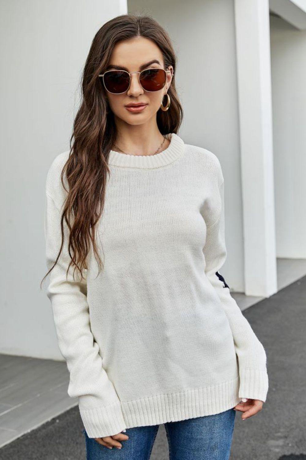 Round Neck Dropped Shoulder Sweater - Sweater