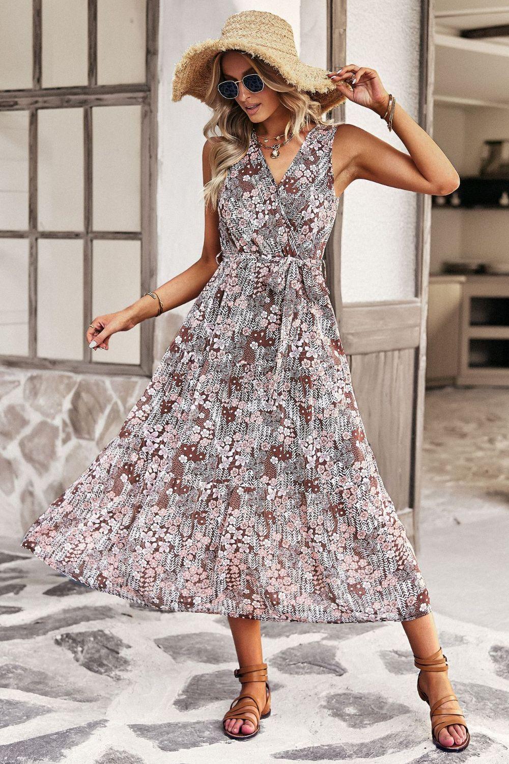 Floral Belted Surplice V-Neck Sleeveless Tiered Midi Dress - Dresses