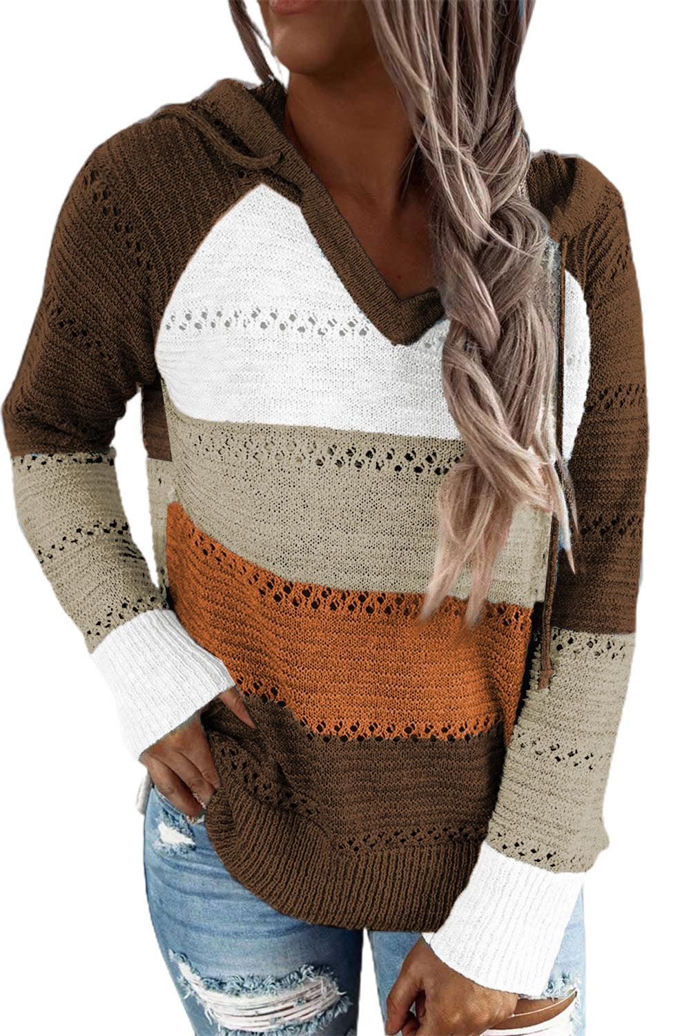 Full Size Color Block Openwork Knitted Hoodie - Hoodie