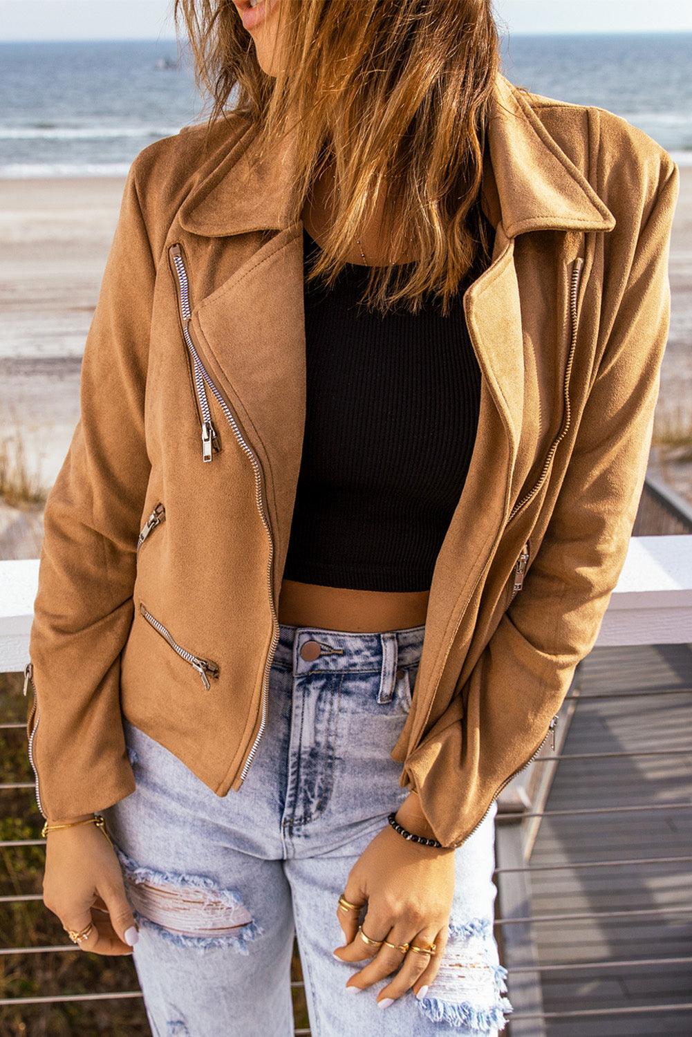 Zip-Up Faux Suede Moto Jacket - Jacket