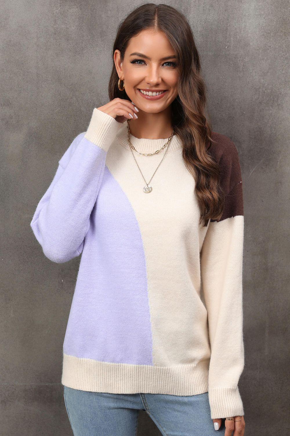 Color Block Ribbed Cuff Drop Shoulder Sweater - Sweater