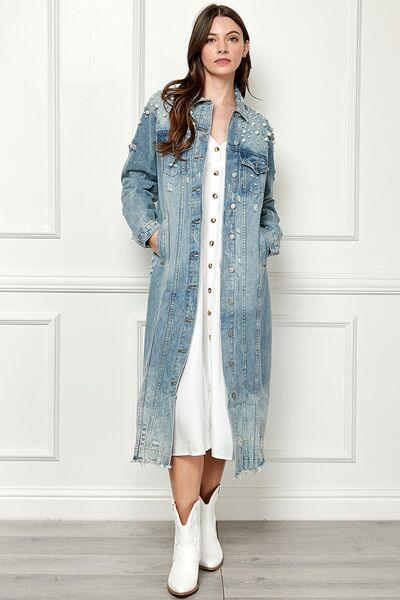 Veveret Distressed Pearl Detail Denim Jacket - Jacket