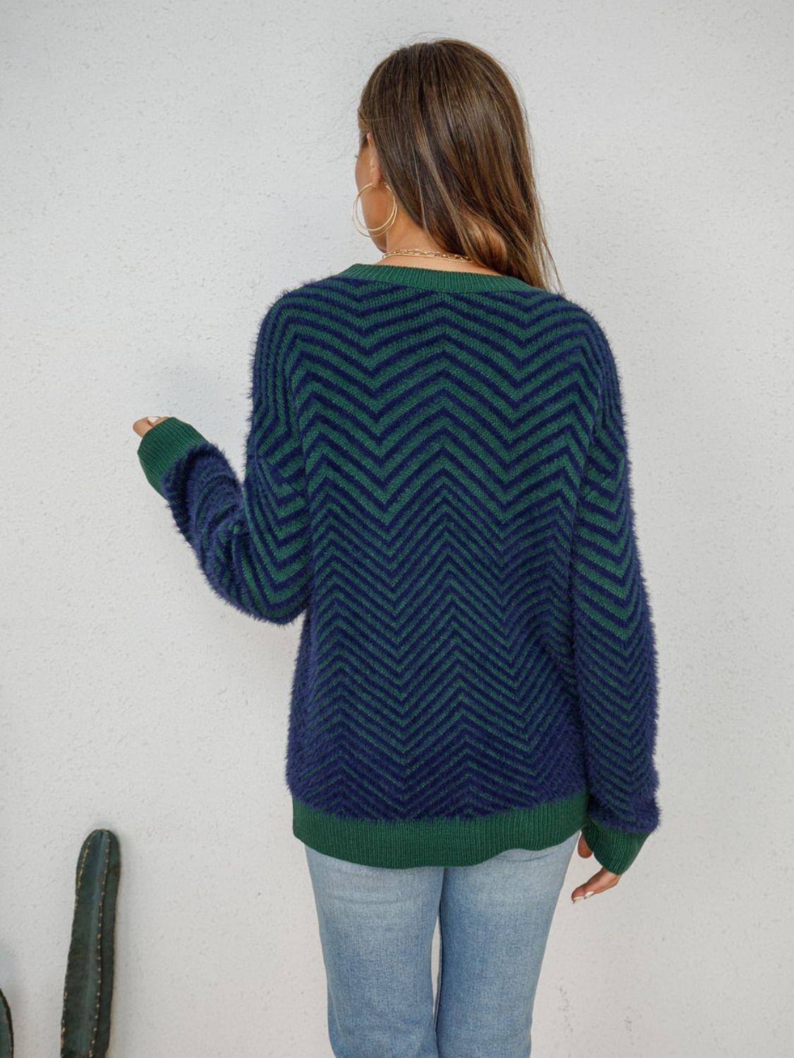 Plush Chevron Round Neck Sweater - Sweater