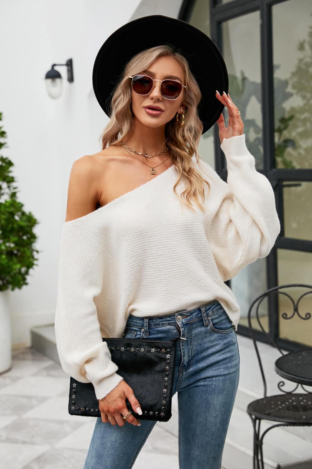 Boat Neck Horizontal Ribbing Dolman Sleeve Sweater - Sweater