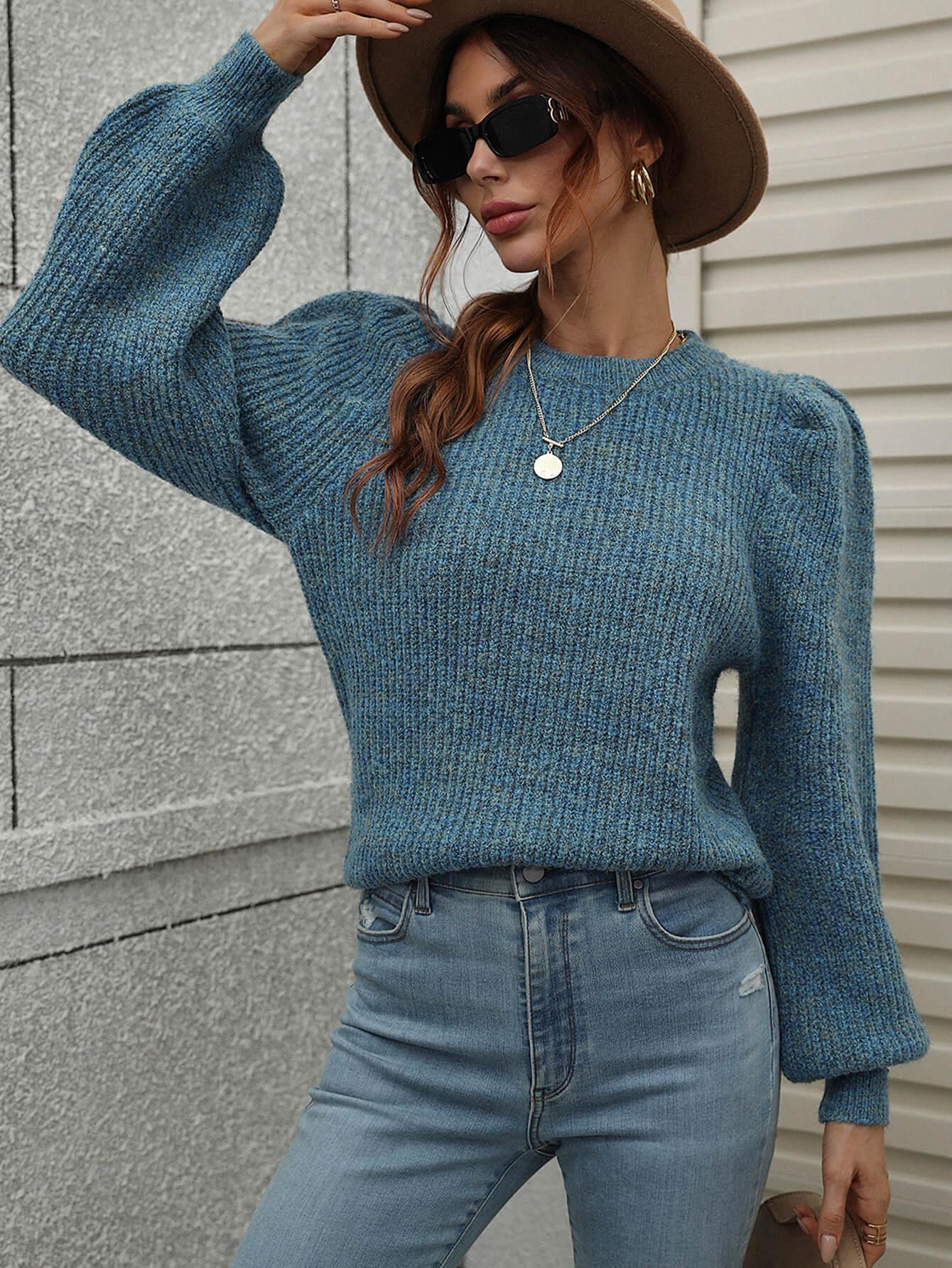 Woven Right Long Puff Sleeve Rib-Knit Sweater - Sweater