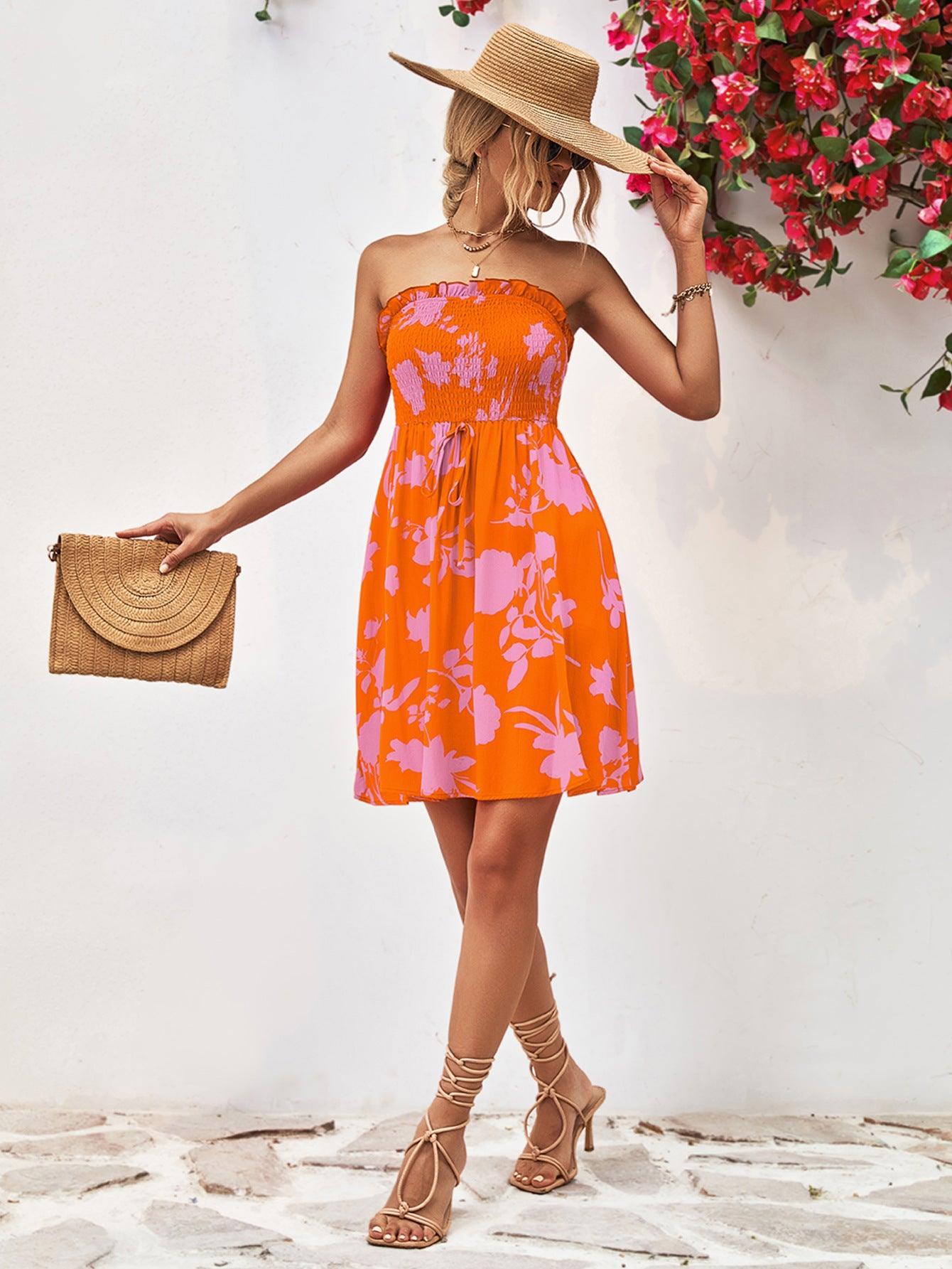 Floral Frill Trim Strapless Tie Smocked Short Dress - Dresses