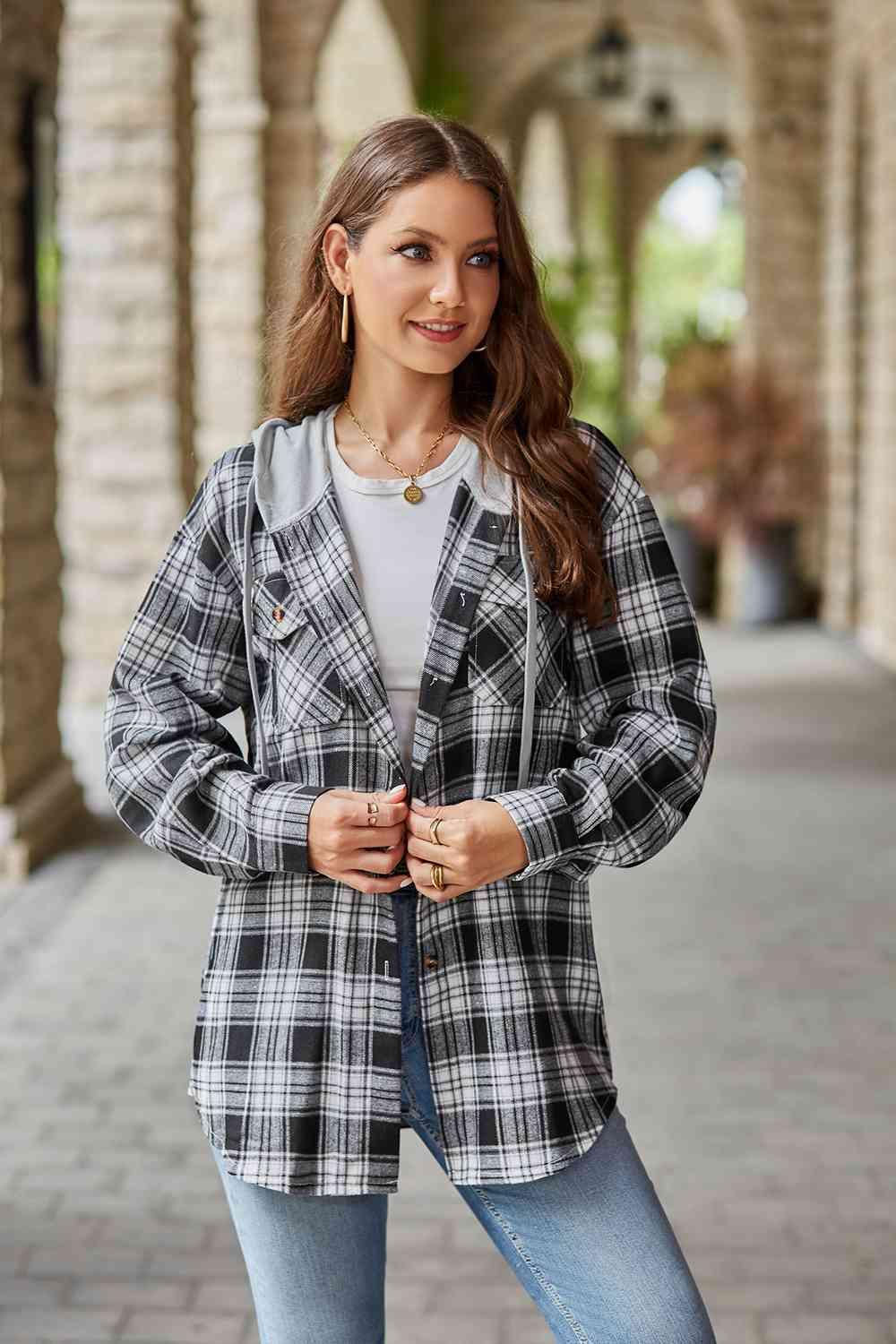 Plaid Long Sleeve Hooded Shacket - Jacket