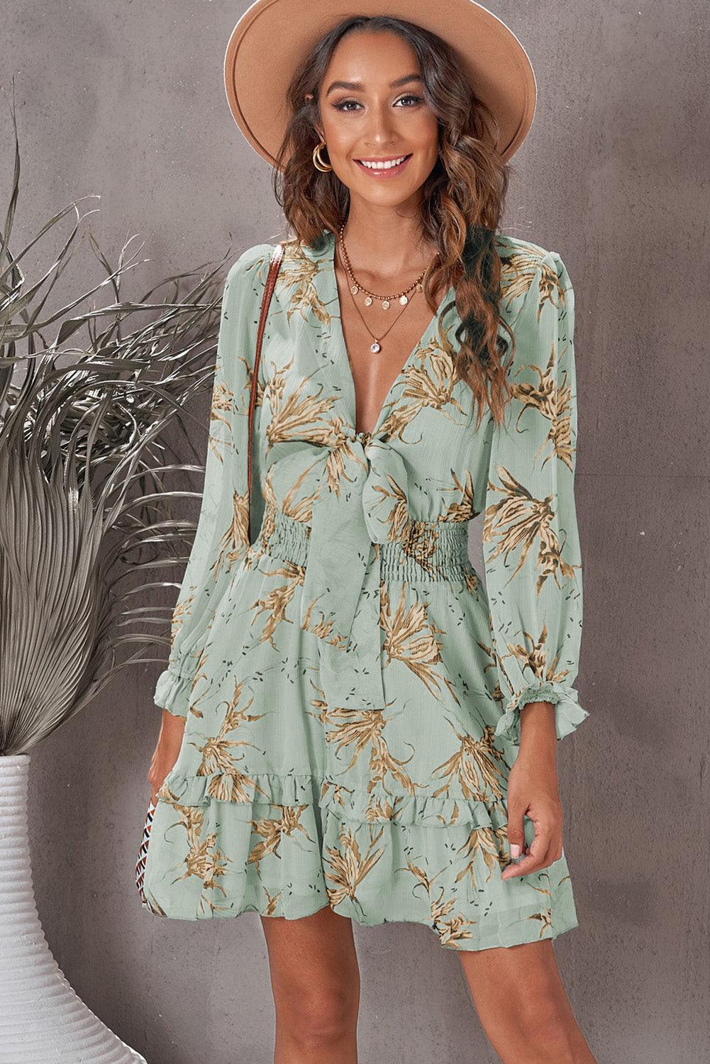 Floral Deep V-Neck Flounce Long Sleeve Tiered Mini Dress - Dresses