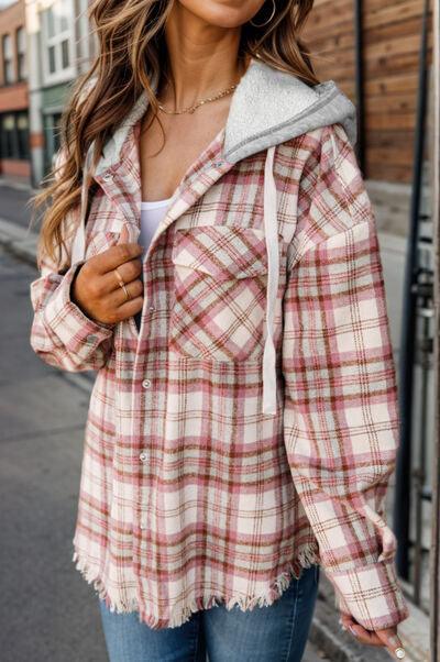 Plaid Raw Hem Drawstring Hooded Shacket - Jacket