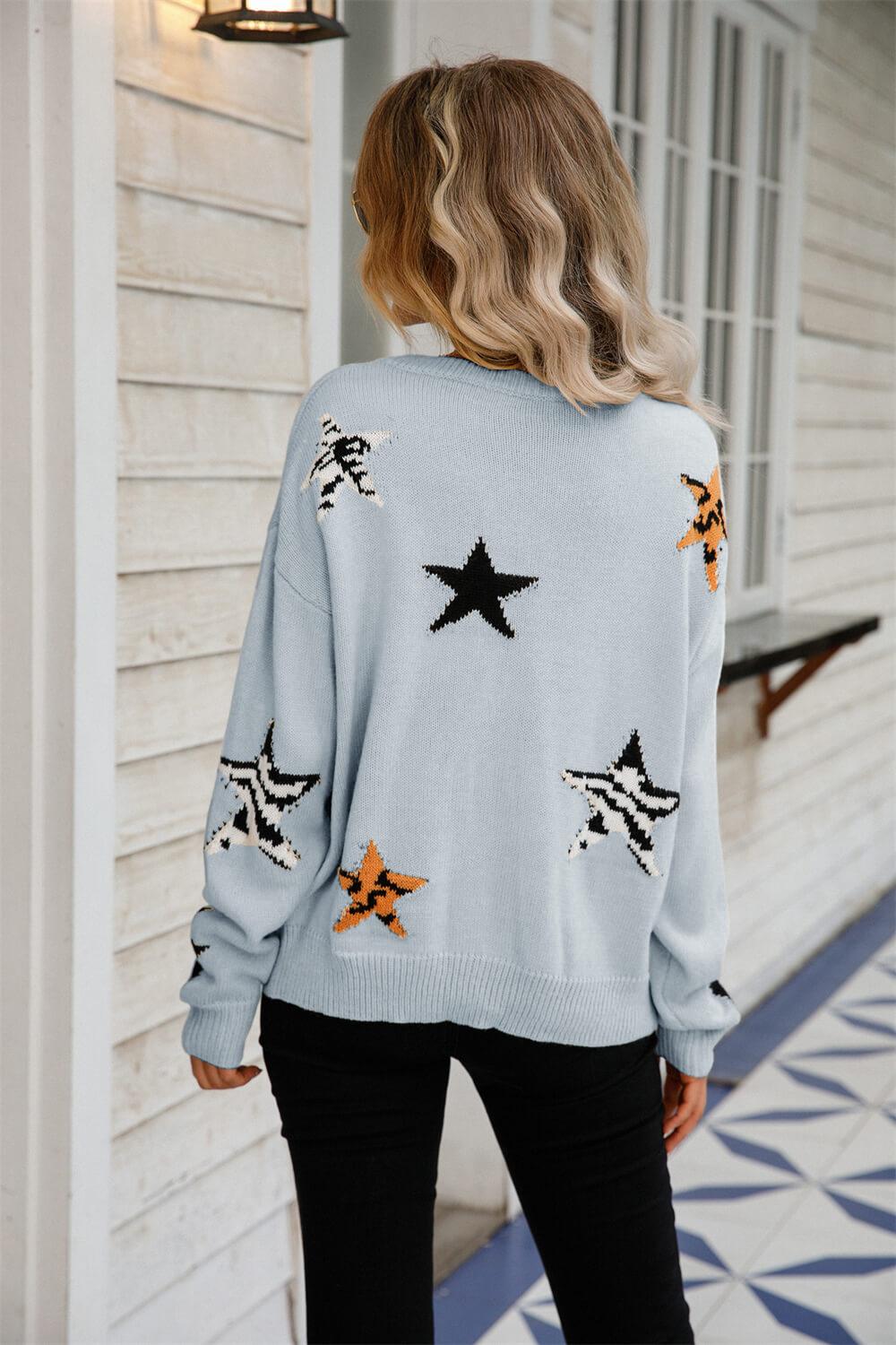 Star Pattern Round Neck Dropped Shoulder Sweater - Sweater