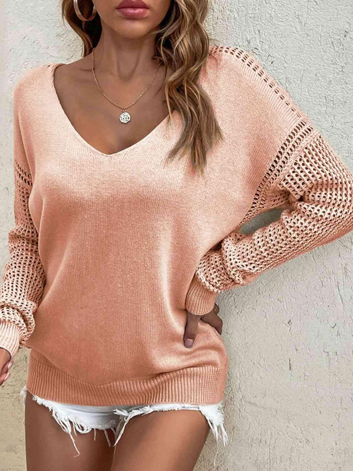 Openwork V-Neck Sweater - Sweater