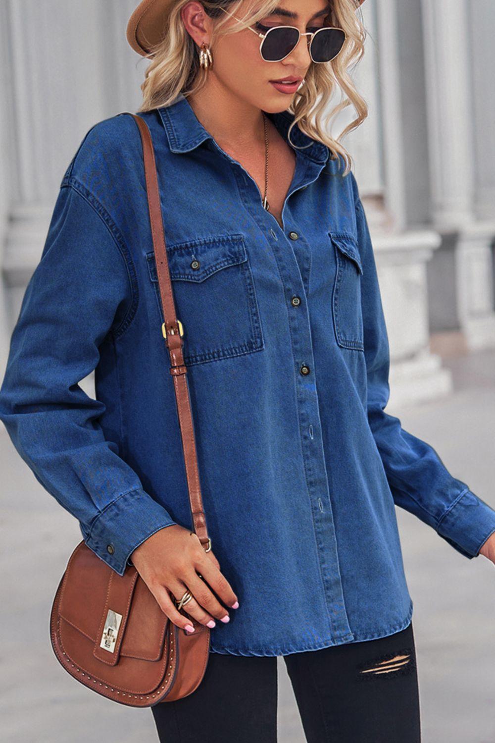 Collared Neck Button Down Collar Long Sleeve Denim Shirt - Shirt