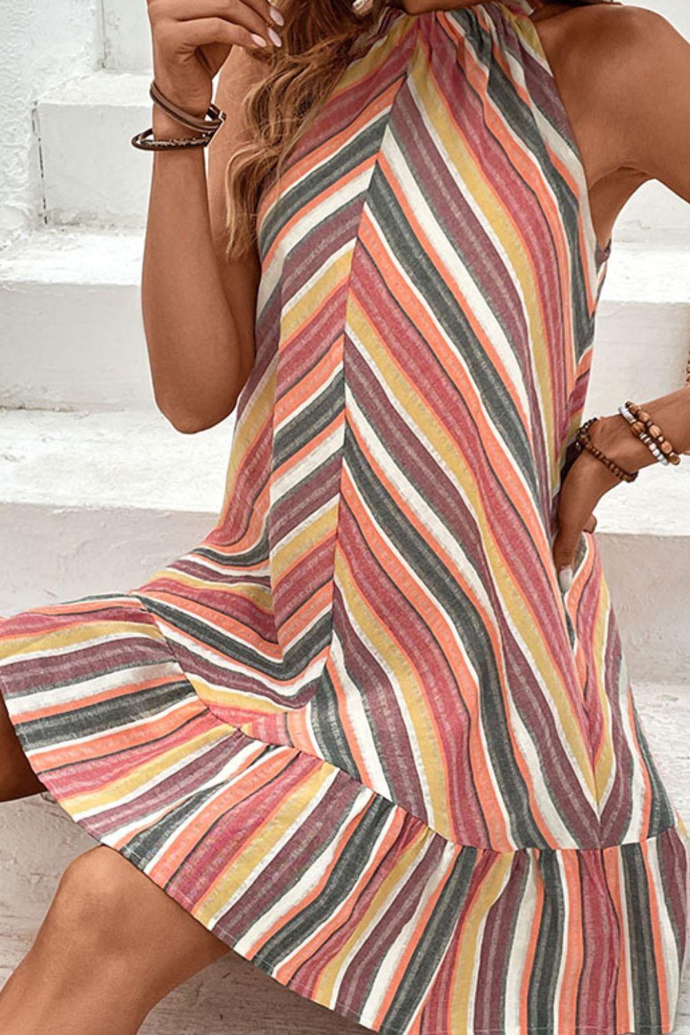 Striped Halter Neck Sleeveless Mini Dress - Dresses