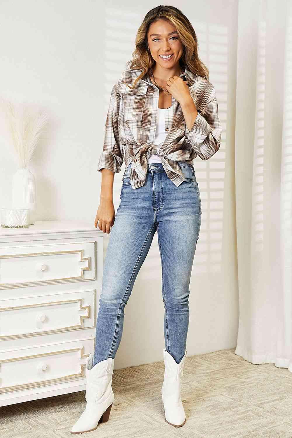 Double Take Plaid Dropped Shoulder Shacket - Shirt