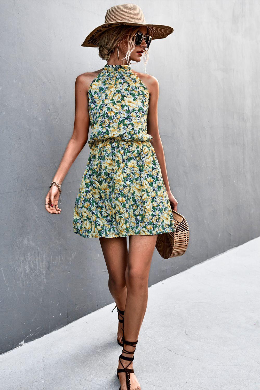 Floral Tied Sleeveless Halter Neck Mini Dress - Dresses