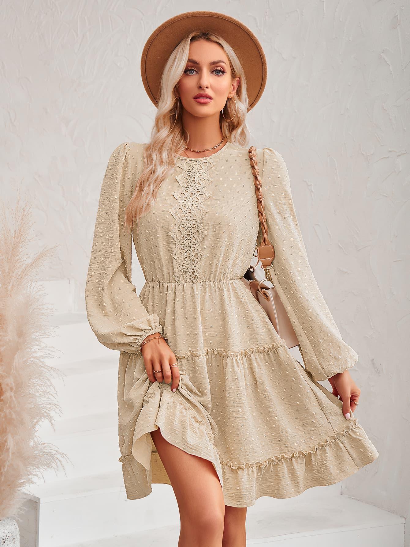 Swiss Dot Lace Trim Long Balloon Sleeve Dress - 