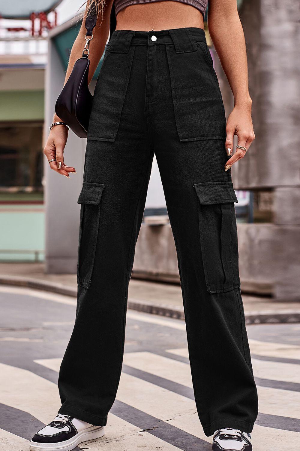 High Waist Loose Fit Straight Leg Cargo Jeans - Jeans