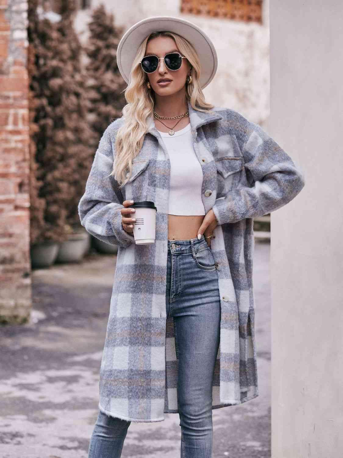 Plaid Dropped Shoulder Slit Coat - Coat