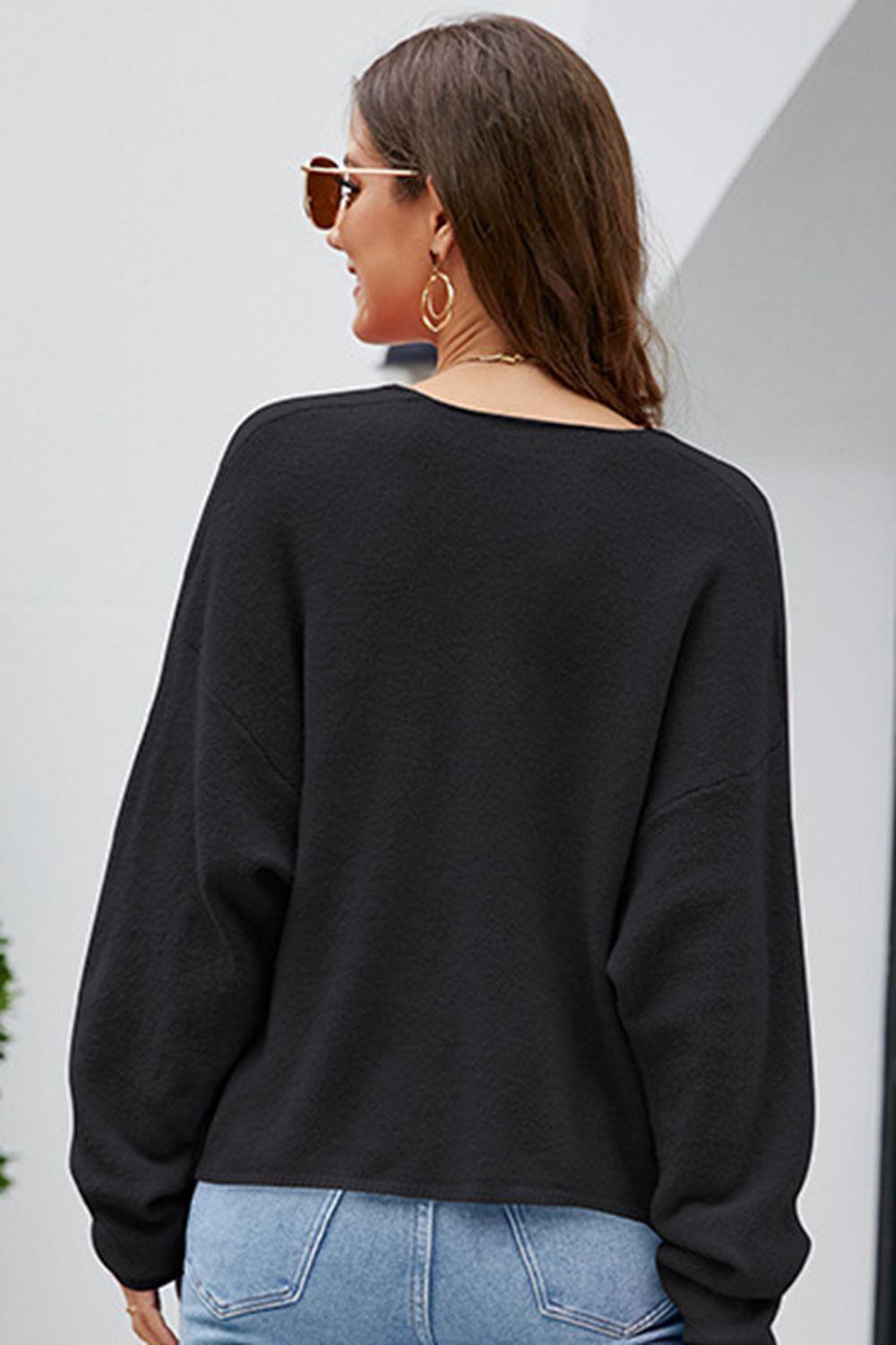 V-Neck Center Seam Drop Shoulder Sweater - Sweater