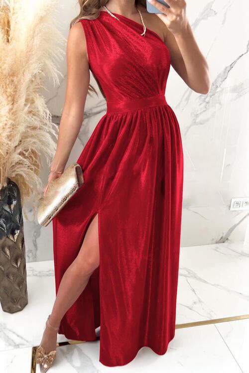 One Shoulder Slit Ruched Maxi Dress - Dresses