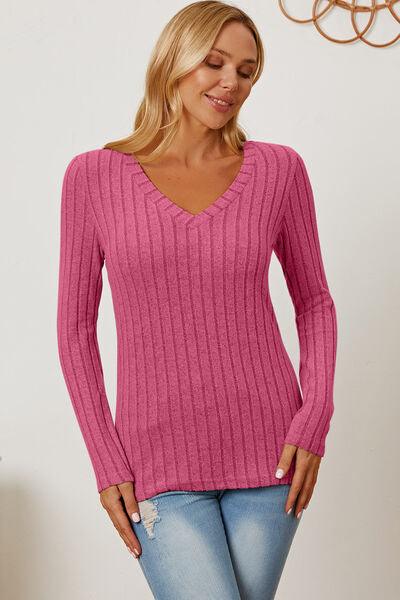 Basic Bae Ribbed V-Neck Long Sleeve Top - Top