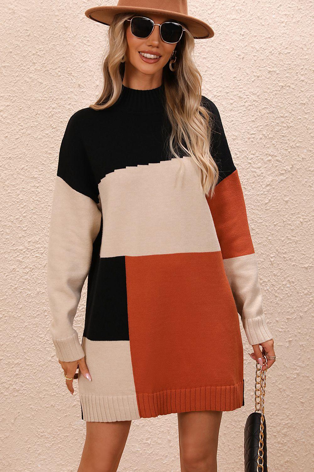 Color Block Mock Neck Dropped Shoulder Mini Sweater Dress - Dresses