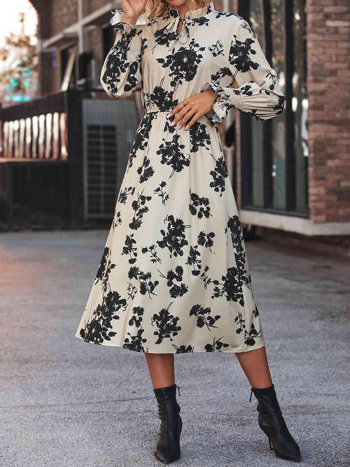 Floral Tie Neck Flounce Sleeve Midi Dress - Dresses