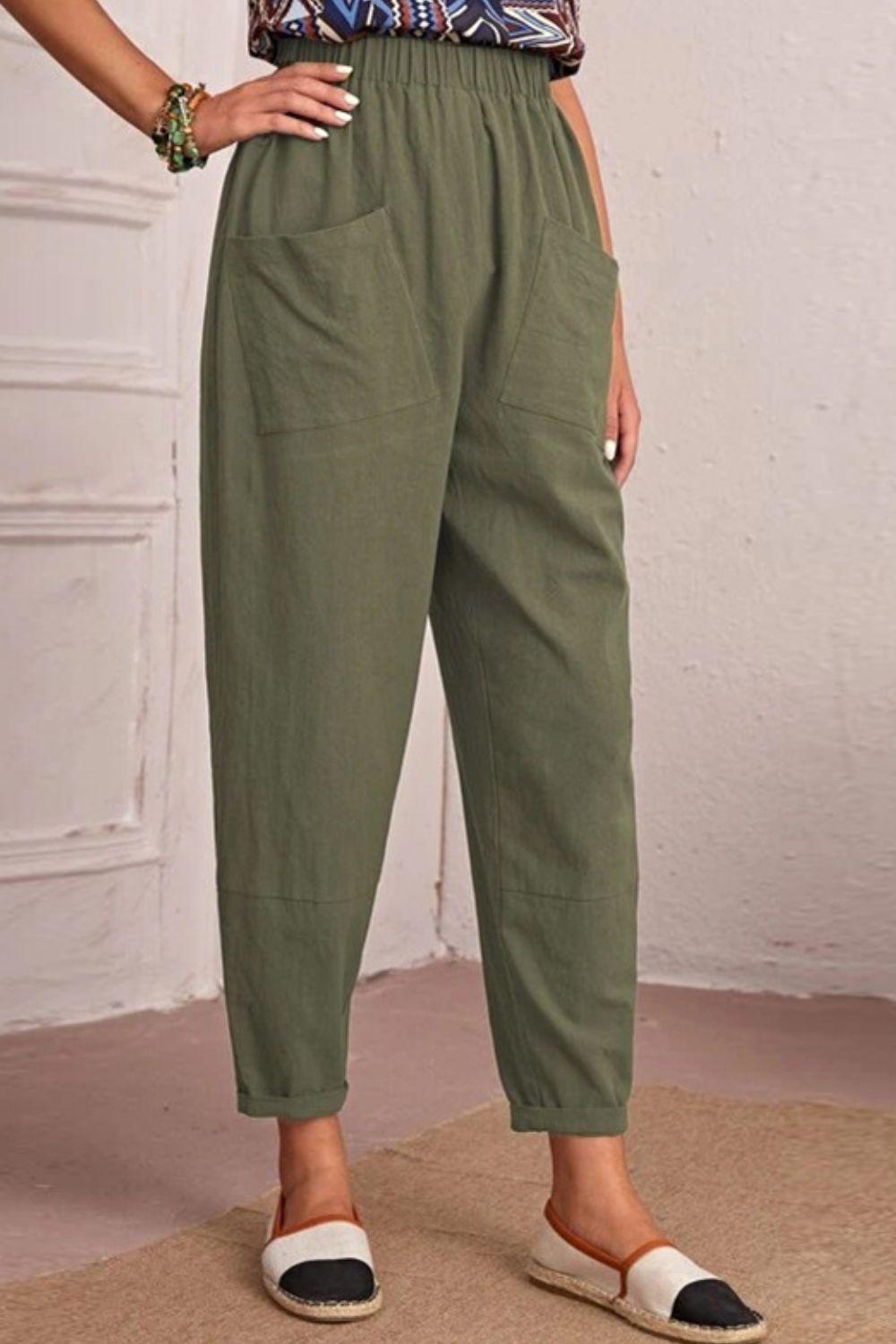 Cropped Elastic High Waist Pocket Tapered Pants - Pant