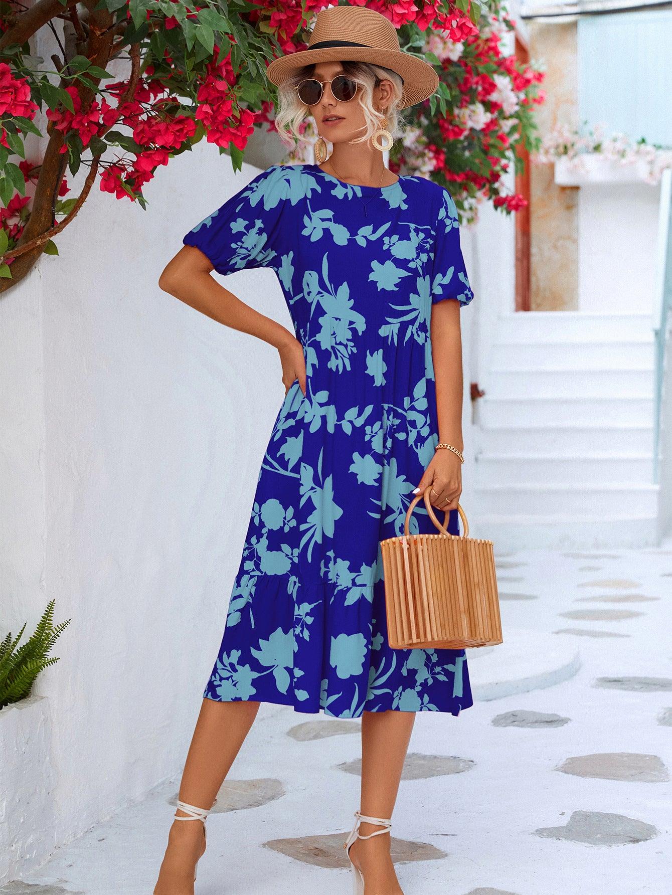 Floral Puff Sleeve Ruffle Hem Round Neck Midi Dress - Dresses