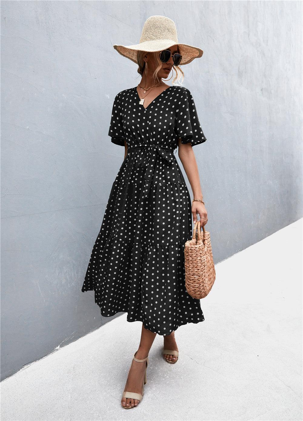 Printed V-Neck Flutter Sleeve Belted Tiered Midi Dress - Dresses