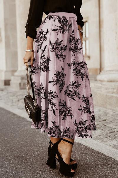 Floral Embroidered High Waist Chiffon Midi Skirt - Skirt