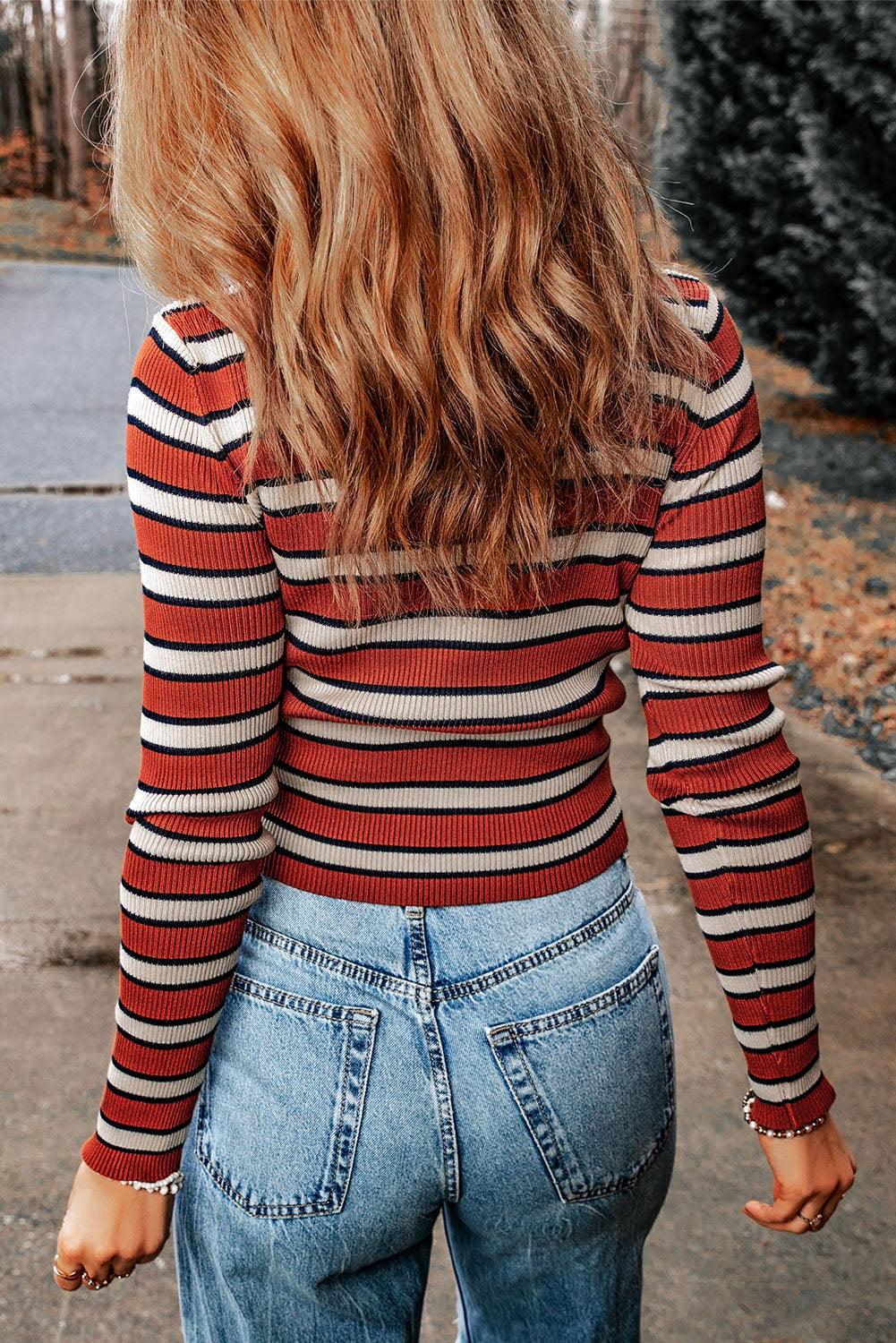 Double Take Striped Round Neck Long Sleeve Top - Top