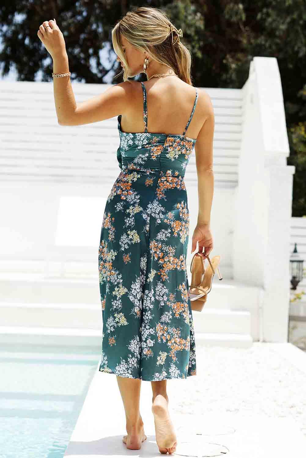 Floral Tied Cutout Split Spaghetti Strap Midi Dress - Dresses