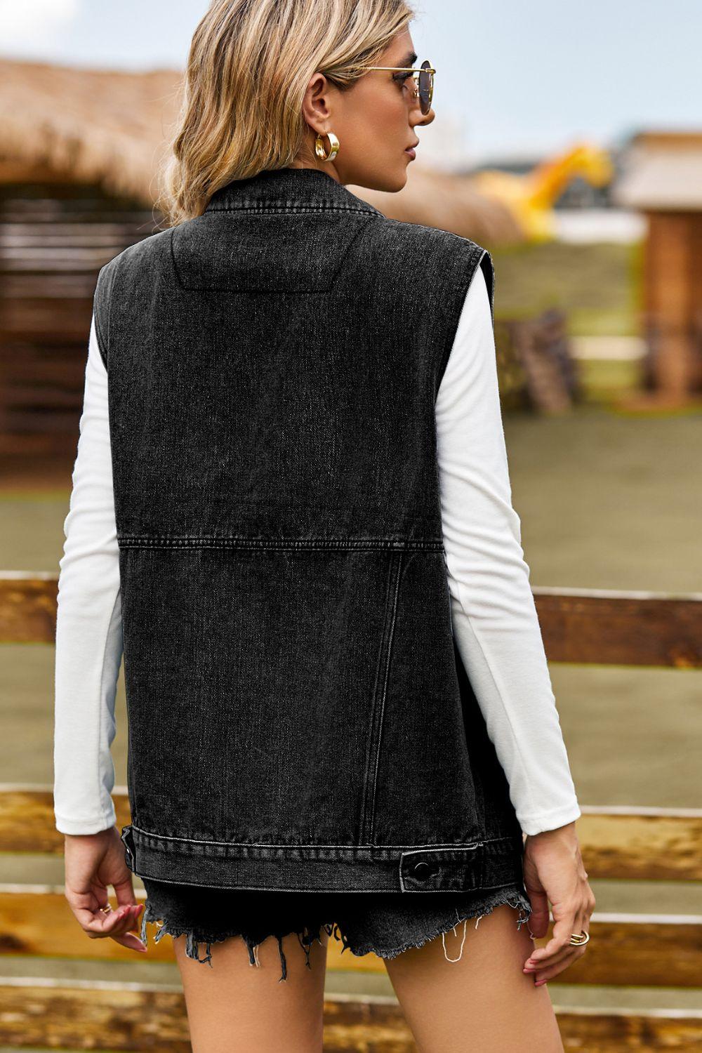 Collared Neck Denim Vest with Pockets - Denim Vest