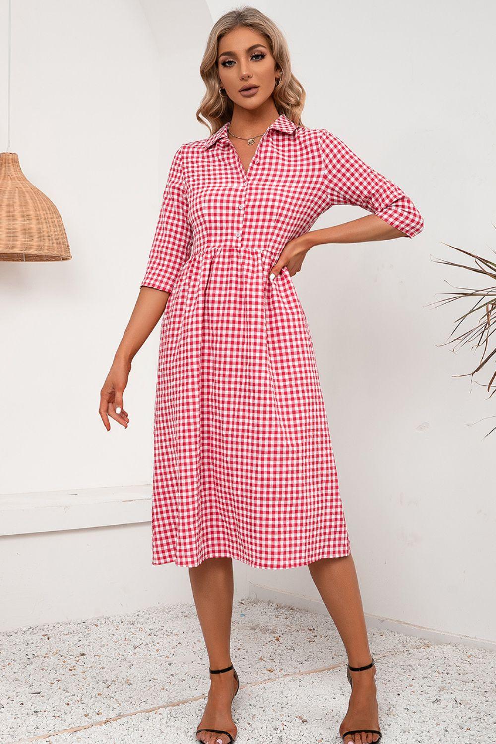 Plaid Collared Neck Midi Dress - Dresses