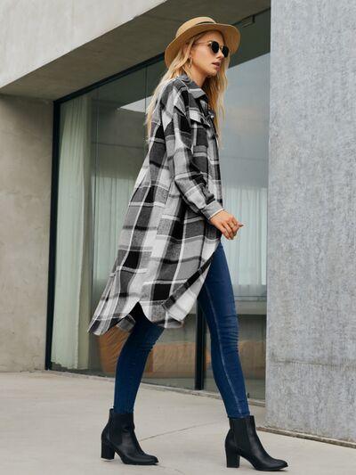 Plaid Pocketed Button Up Trench Coat - Coat